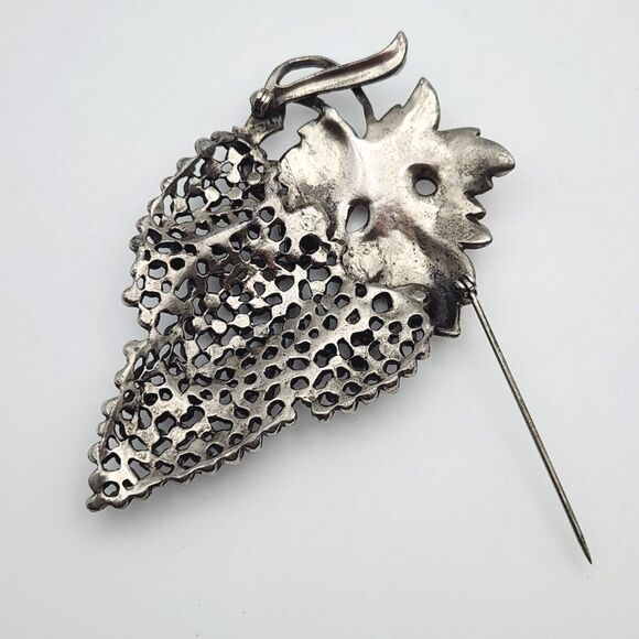 Mid Century Grape Cluster 3.5" Brooch Raised Bead Texture Oxidized Silver Tone - Picture 6 of 8
